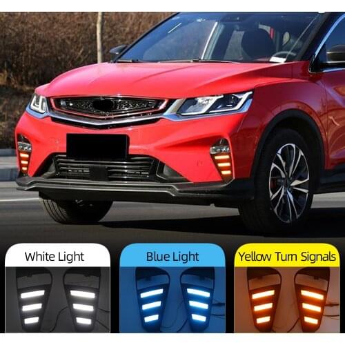2PCS Car DRL For Geely coolray (SX11) 2019 2020 Daytime Running Lights 12V LED Daylight Fog lamp with flowing Yellow turn signal