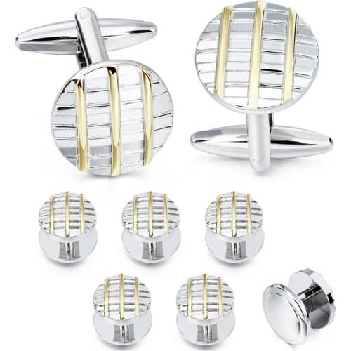 HAWSON Round Golden Color Stripe Cufflinks and Studs Set Fashion & High Quality Classic Men White Cuff links for Tuxedo