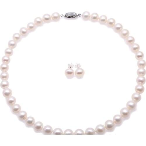 8mm 10mm Women Jewelry set white round real pearl necklace stud earrings 925 silver clasp AAA Cultured freshwater pearl