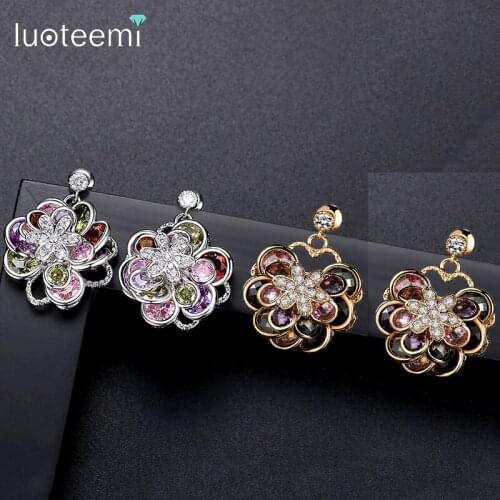 LUOTEEMI Brand Unique New Arrival Drop Earrings Flowers Shape With Champagne Gold-Color Multi CZ Jewelry Wedding Brincos