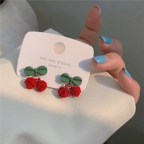 Japanese and Korean Sweet Fashion Youth Girl Student Fruit Cherry Earrings Fresh and Simple Cute Women Earrings Ear Clips Gift