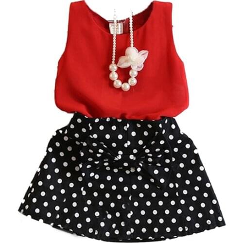 Sweet Summer Set 2PCS Toddler Baby Girls Sleeveless O-Neck Pullover Red Solid Vest Tops Dot Print Bow Skirt Outfit 2-7Y