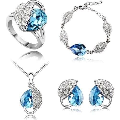 Fashion Vogue Silver Plated Four Pieces Jewelry Sets for Women ,Bracelet+Earrings+Ring+ Necklace