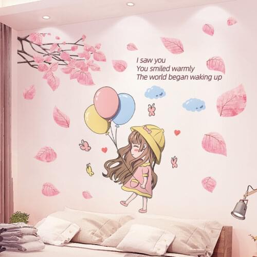 Cartoon Girl Balloons Wall Stickers DIY Tree Leaves Mural Decals for Kids Rooms Baby Bedroom Kitchen Nursery Home Decoration