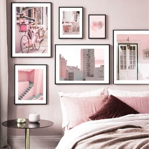 Pink City Flower Bike Coffee Shop Girl Room Nordic Posters And Prints Wall Art Canvas Painting Wall Pictures For Living Room Bar