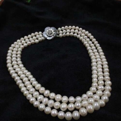 New natural FREE SHIPPING 3 row 8-9mm White potato round freshwater pearl necklace 20inch