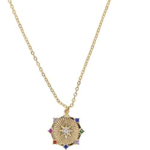 New arrival Vintage Alloy Octagon sun flower Pendant Necklaces paved 8 color rainbow round cz Bohemia women Jewelry link Chains