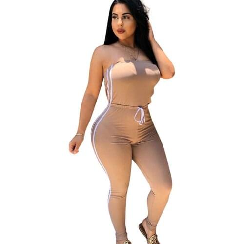New Women Casual Strapless Jumpsuit Sexy Sleeveless Off Shoulder Romper Skinny Drawstring Striped Side Bodycon Fitness Overalls