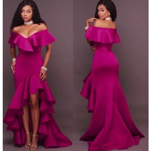 Dark Fushia Prom Dresses Mermaid South African Off The Shoulder Evening Gowns High Low Ruffles Plus Formal Party Dress Cheap