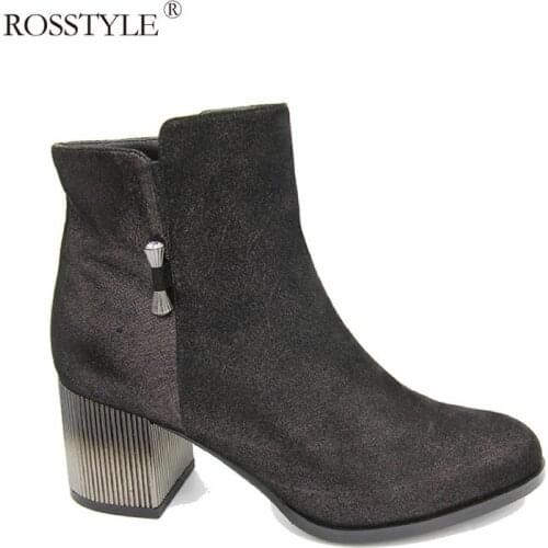 ROSSTYLE Luxury Quality Genuine Leather Round Toe Shoes Soft Thick Heel Lady Ankle Boot Spring Autumn Ladies Boot Size 36-40 B23