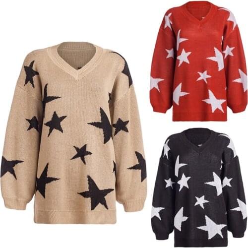Women Lantern Long Sleeve Sweater Sexy V-Neck Colorblock Star Knitted Tunic Tops Side Split Oversized Loose Jumper Shirt