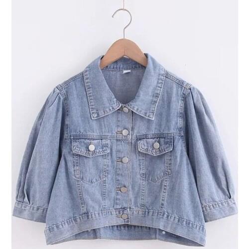 Women Short Denim Jacket Casual Light Blue Puff Sleeve Loose Short Jeans Coat Female Streetwear Outerwear 2116447