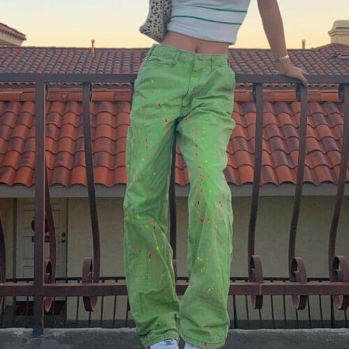B-TOTO American Retro Green Print Splash Ink Jeans Womens Trendy Ins High-waisted Straight-leg Pants 2021 Fashion