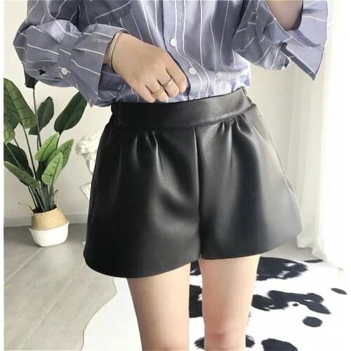 Shorts women 2020 new fashion casual elastic waist black genuine leather shorts feminino high waist short pants women