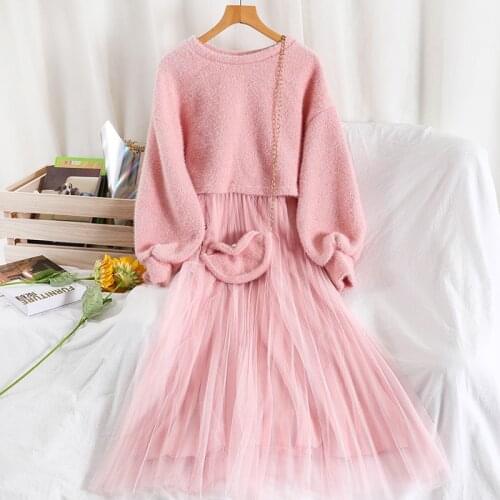 Aibeauty Autumn Winter Women New Mesh Dresses Fashion Knitted Long and Sweet Lantern Sleeved Sweater