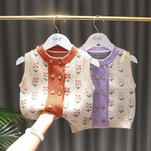 Vintage Baby Girls Knit Vest Fashion Boys Girl Knitted Vest Baby Floral Cardigan Children Sleeveless Tops Kids Sweater Waistcoat