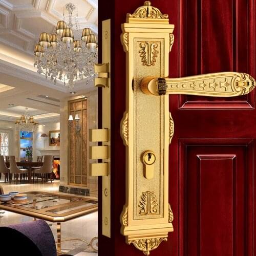 Golden Modern Europen Fashion Entrance Doors Brass Golden Interior Solid Wood Panel Handle Lock Rose Golden Bedroom Bookroom
