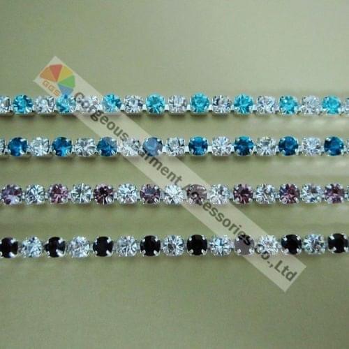 10yards 4mm Close Set Crystal Rhinestone cup chain Aquamarin Amethyst Pearl Royal Na Siam Alternated in Silver for DIY Browbands