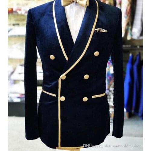 2020 Men Suits For Wedding Groom Suit Navy Blue Velvet Double Breasted Wedding Prom Suits Blazers for Tuxedo Jacket+Pants+Tie