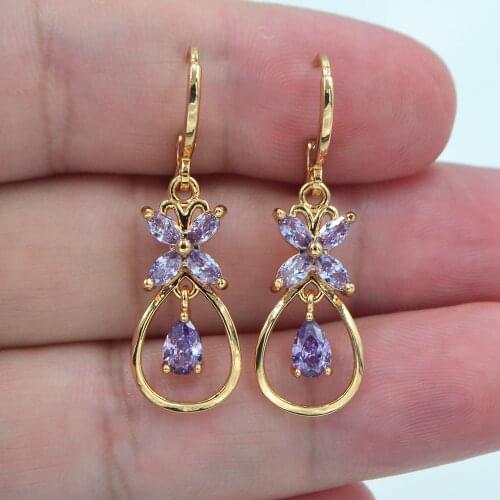AAA+ Cubic Zirconia Gold Color Fashion Women Purple CZ Bowknot Dangle Engagement Earrings Jewelry