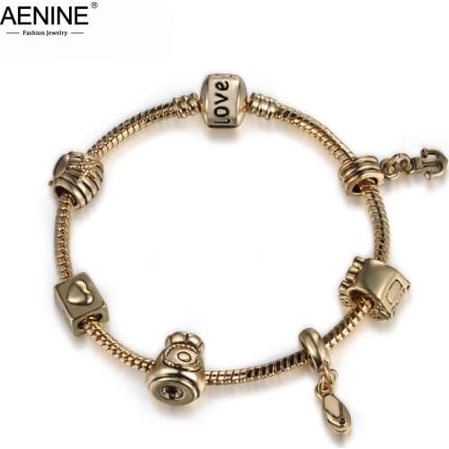AENINE Fashion Gold Color Charms Bracelet & Bangle For Women Flip Flop & Car Beads DIY Bracelet Jewelry PABR069