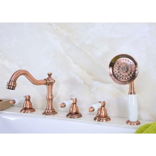 Antique Red Copper Brass Widespread Three Handles Deck Mounted 5 Holes Bathroom Tub Faucet Mixer Tap With Handshower mtf227