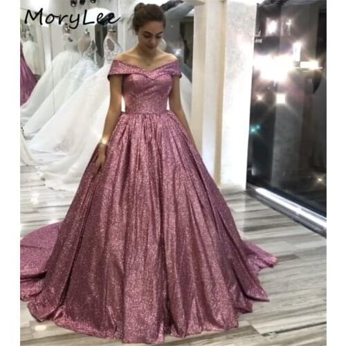 Pink Evening Dresses Shining Off The Shoulder A-Line Floor Length Lace Up Sequins Evening Dresses vestidos de fiesta de noche