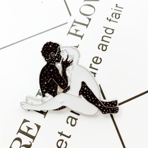 XEDZ hot sale two men black and white gay stars body art touch face kiss legs metal enamel lapel clothes jewelry pins