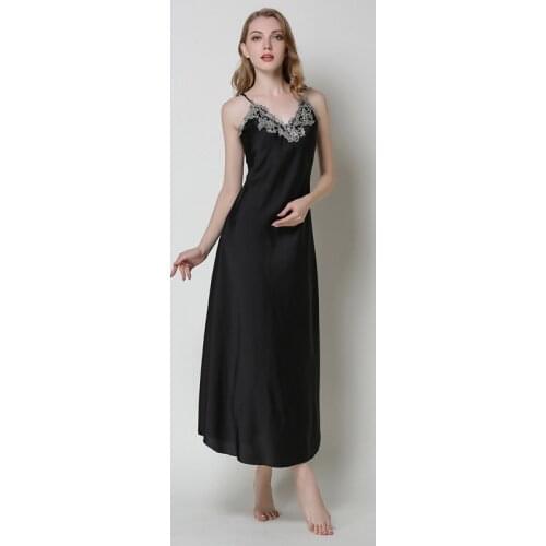 Black Sexy V-Neck Backless Long Nightgown M-3XL Women Satin Camisole Nightdress Loose Sleepwear Lace Trim Intimate Home Dress