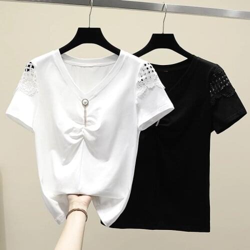 Summer Cotton Basic White V-Neck T-Shirt Women Solid Casual Short Sleeve Tee Shirt Female Knitted Tops Hollow Out Tshirt Ladies
