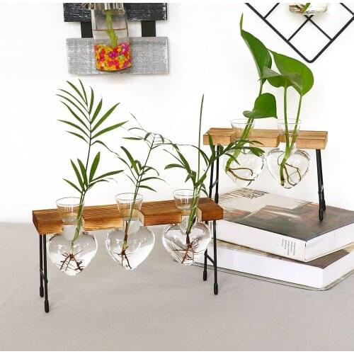 Hydroponic Vase Glass Wood Vase Planter Terrarium Table Desktop Hydroponics Plant Bonsai Flower Pot Hanging Pots with Wooden Tra