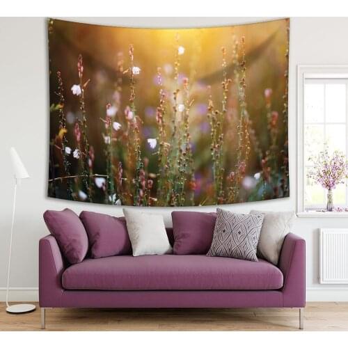 Tapestry Tall Wild White Flowers in the Field on Yellow Sunrise Nature Romantic Morning Photo Printed