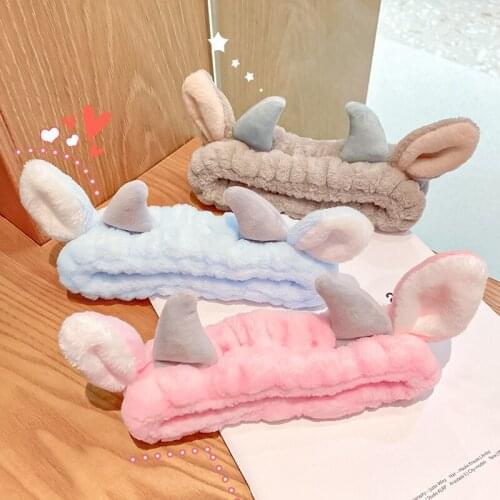 Korean Cute Horns Headband Coral Fleece Wash Face Bow Hairbands for Women Girls Headbands Headwear Turban Hair Accessories
