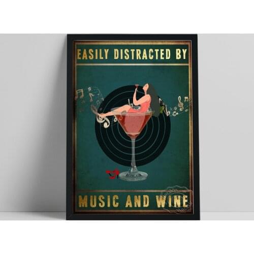 Easily Distracted By Music And Wine Poster, Positive Office Quotes Inspirational Wall Art, Vintage Wall Decor, Wine Lover Gift
