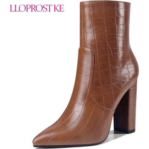 Lloprost ke 2021 Winter New High Heels Ankle Women Boots Black PU Leather Pointed Toe Zipper Female Boot Platform Women Shoes