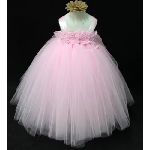 Cute Girls Pink Flower Tutu Dress Kids Fluffy Crochet Tutus Ball Gown with Ribbon Bow and Headband Children Wedding Party Dress