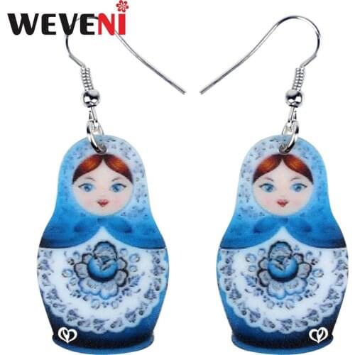 WEVENI Acrylic Sweet Russian Doll Chinese Style Printing Earrings Dangle Drop Vintage Jewelry For Women Girls Gift Decoration