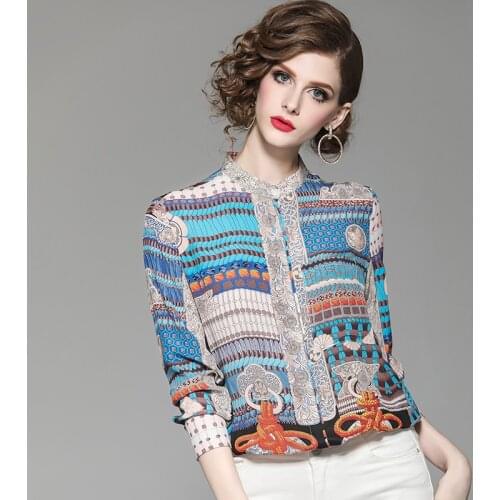 Office Lady 100% Pure Real Silk Womens Tops Blouses Elegant Long Sleeve Print Casual Female Loose Shirt Blouse Spring Autumn