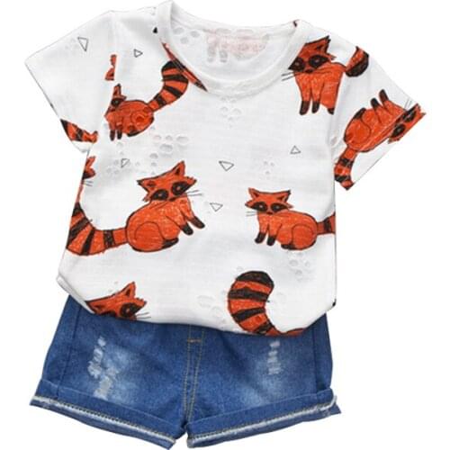 Fashion Children Girls Clothing Sets Summer 2018 Cotton Two Piece Set Cartoon cat Print T-shirt + Denim Jeans Stripe Tops