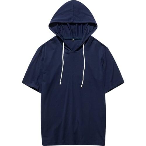 Casual Hooded T-shirts Man Summer Cotton Round Neck Short Sleeve Boyfriend T Shirts Male Large Size Loose Blue Tee Shirt Boys