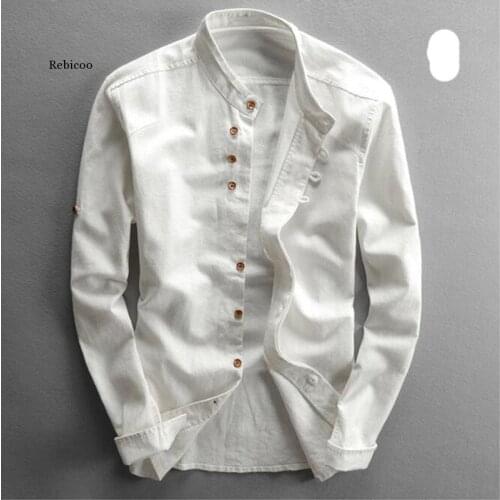 Mens Cotton Linen Shirts Long Sleeve Men Casual Slim Mandarin Collar Shirts High Quality Summer Beach Shirt Plus Size 6Xl