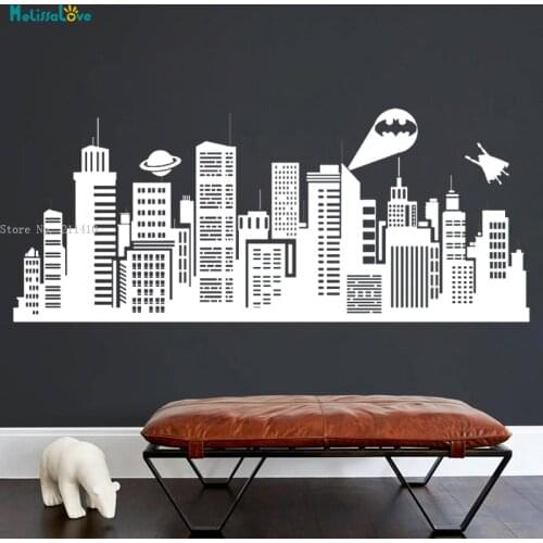 Superhero Wall Stickers Super Hero Decor Hero Theme Birthday Party Gotham Skyline Gifts Metropolis Artwork Decals Vinyl YT5257