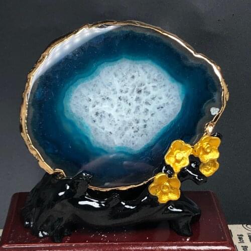 Natural blue agate carved wood base home furnishing decorations
