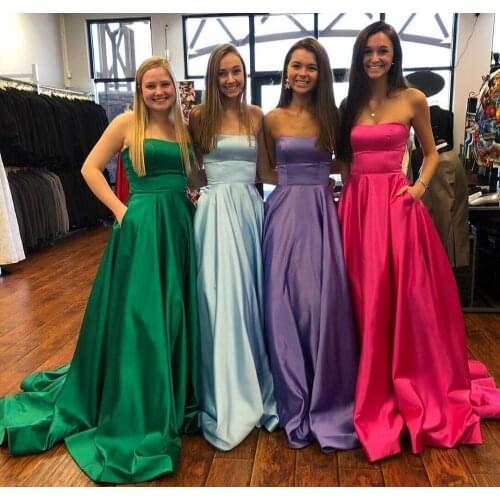 Elegant Strapless Long Satin Red Evening Dresses with Pockets Floor Length Criss Cross Back Green Formal Party Dress for Women