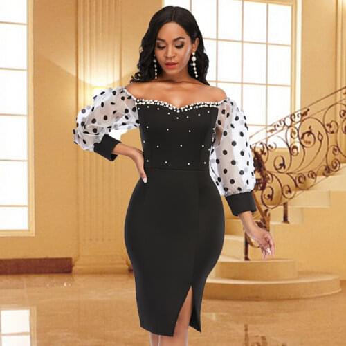 Sexy Off Shoulder Pearl Polka Dot Sexy Mesh Sleeves Black Dress Patchwork Beading Evening Party Dresses Women Bodycon Slim Dress