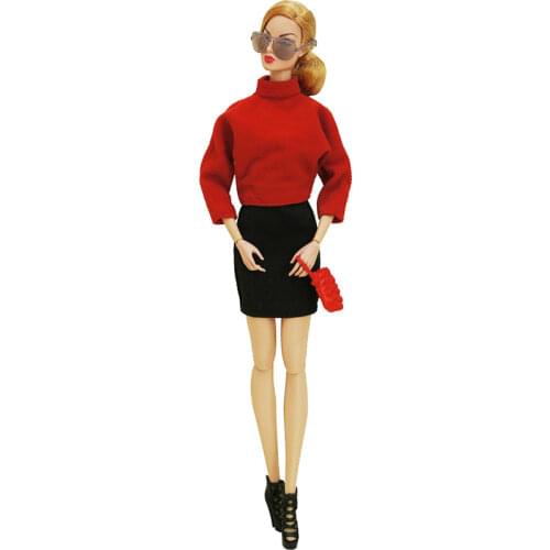 BJDBUS Handmade Doll Outfits for Barbie Doll Turtleneck Dress Skirt High Heels Shoes Boots Mini Handbag Glasses Kids Toy Gift