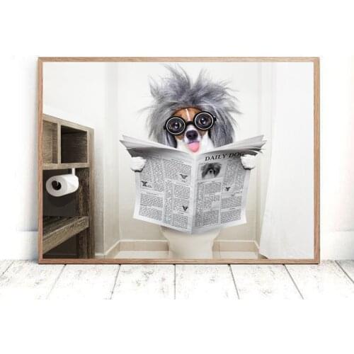 Dog Reading Newspaper Toilet Wall Art Canvas Poster Prints Funny Dog Painting Wall Pictures Home Bathroom Decor Dogs Lover Gift