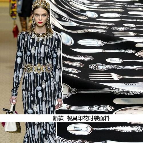 New style with European and American show pattern tableware printing fashion fabric polyester printed fabric dress cloth