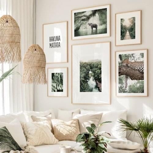 Tropical Palm Forest Jungle Elephant Leopard Bridge Wall Art Print Canvas Painting Nordic Poster Decor Pictures For Living Room