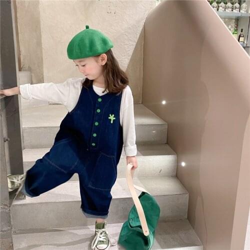 Autumn unisex palm patchwork sleeveless denim Jumpsuits children loose casual all-match bodysuits 2-7Y